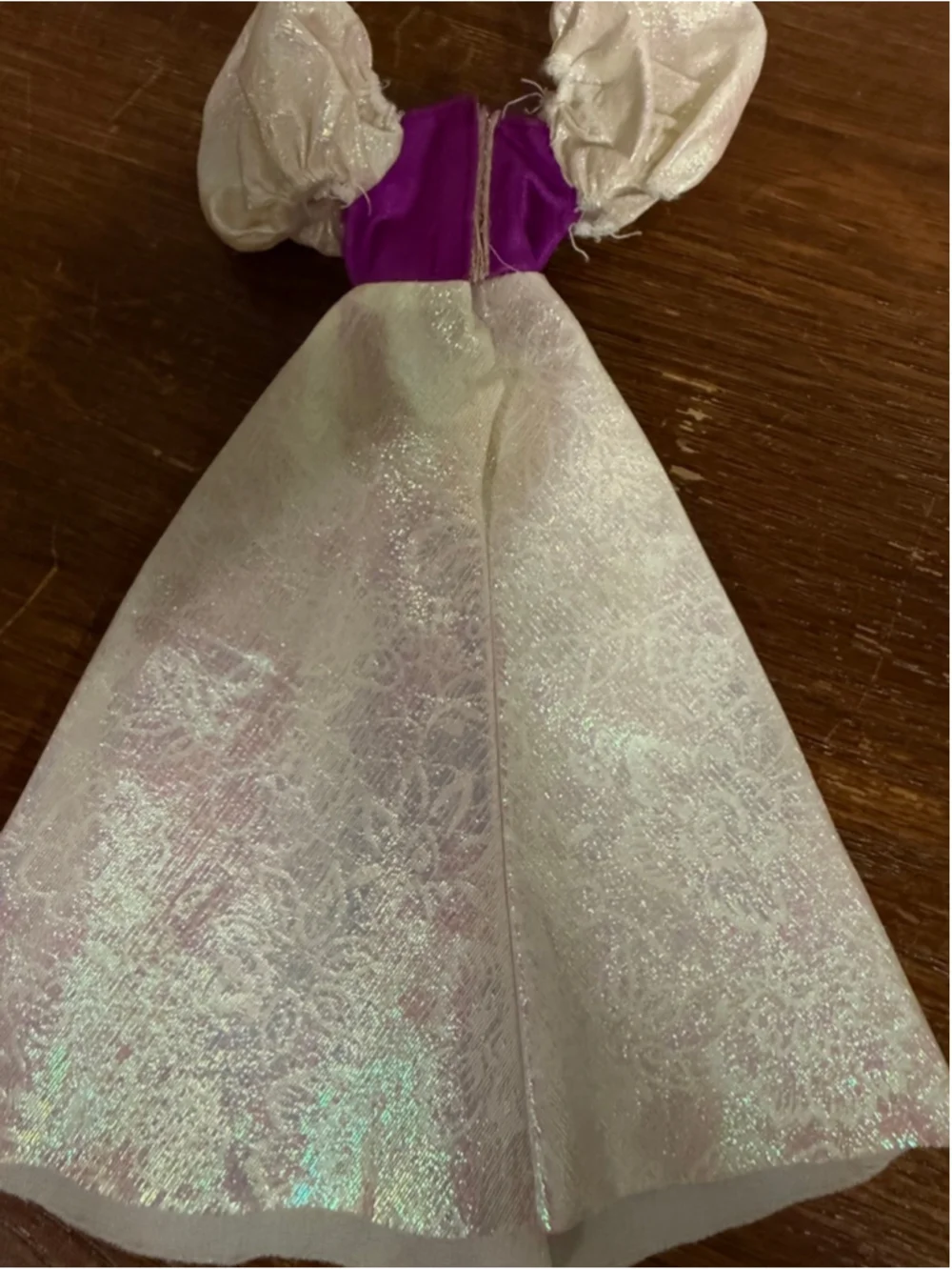 Vintage Barbie Dress Iridescent Cream Purple Puff Sleeve Party Gown 1980s 1990s